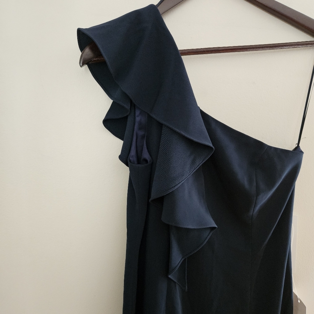 Jay Godfrey Osgood Gown Navy Blue One-Shoulder Dress Formal Ruffle Neutral Solid - Picture 6 of 13